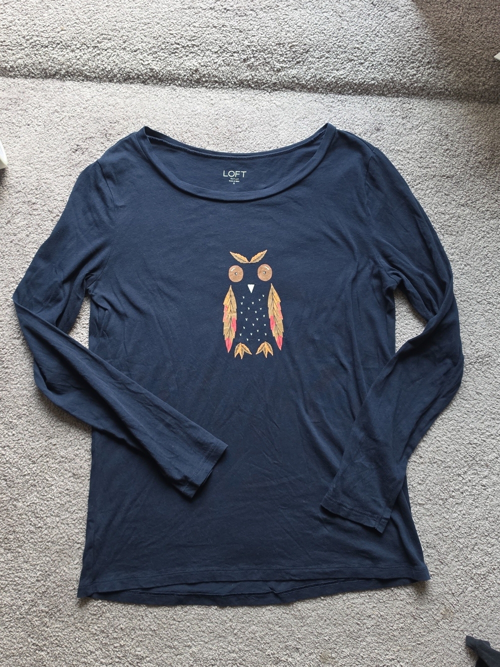 LOFT Navy Long-Sleeve Owl Shirt-Size Small